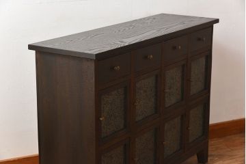 アンティーク家具　和製アンティーク　結霜ガラスがおしゃれなマス目収納棚(カウンターテーブル)