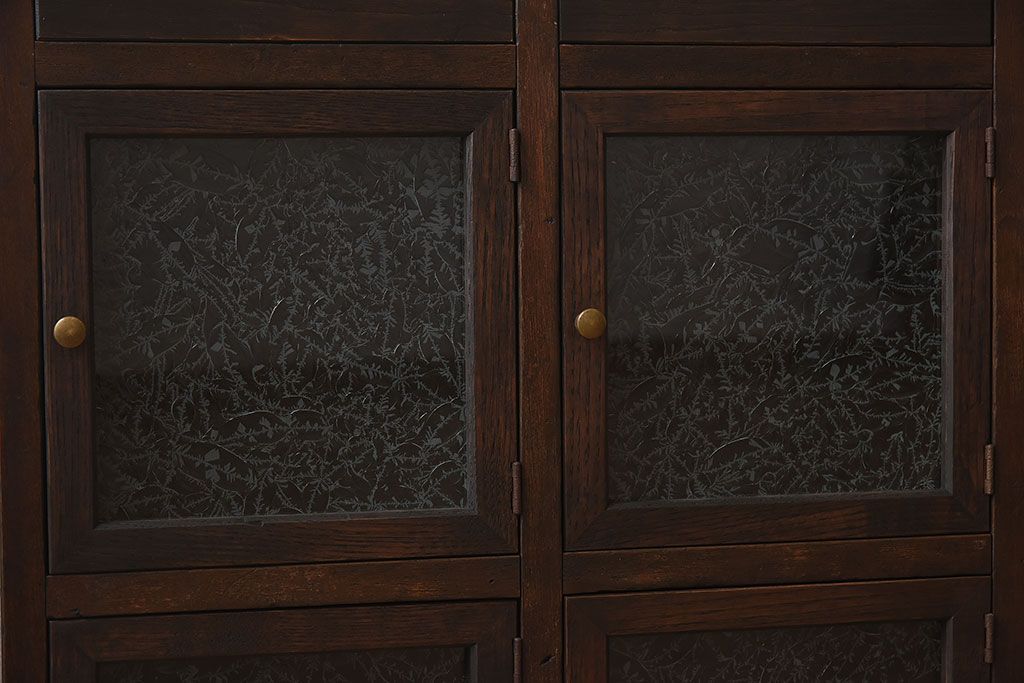 アンティーク家具　和製アンティーク　結霜ガラスがおしゃれなマス目収納棚(カウンターテーブル)