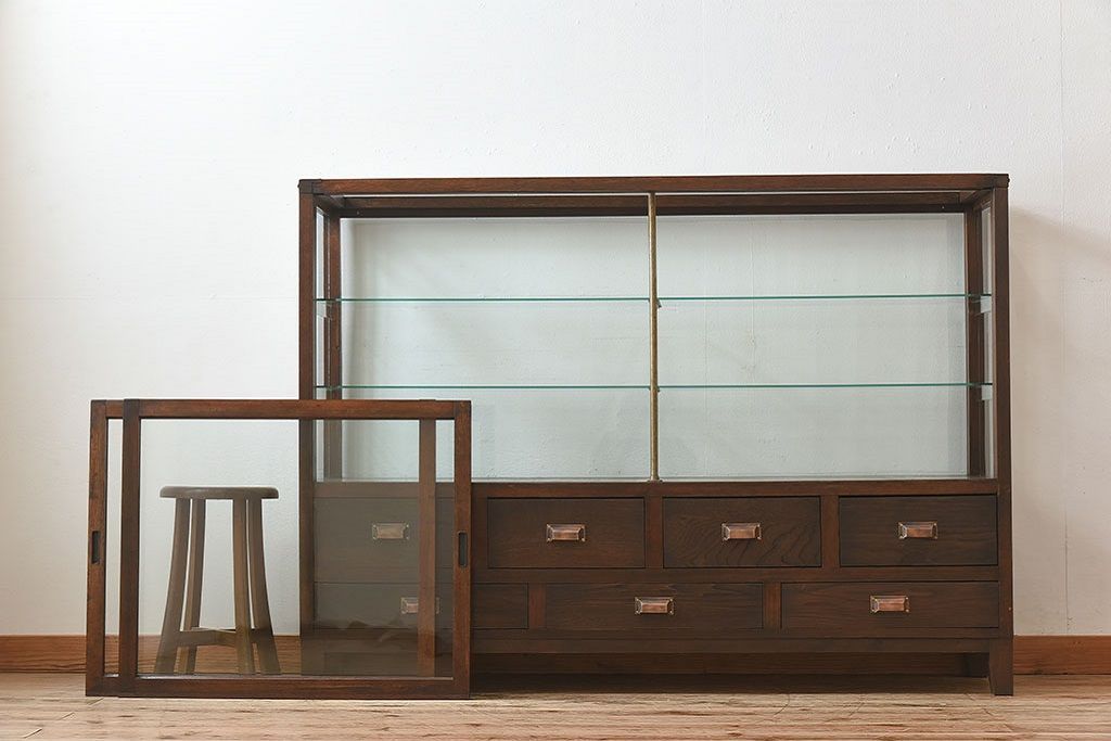 アンティーク家具　大正ロマン 引き出し付き!薄型 和製アンティークガラスケース