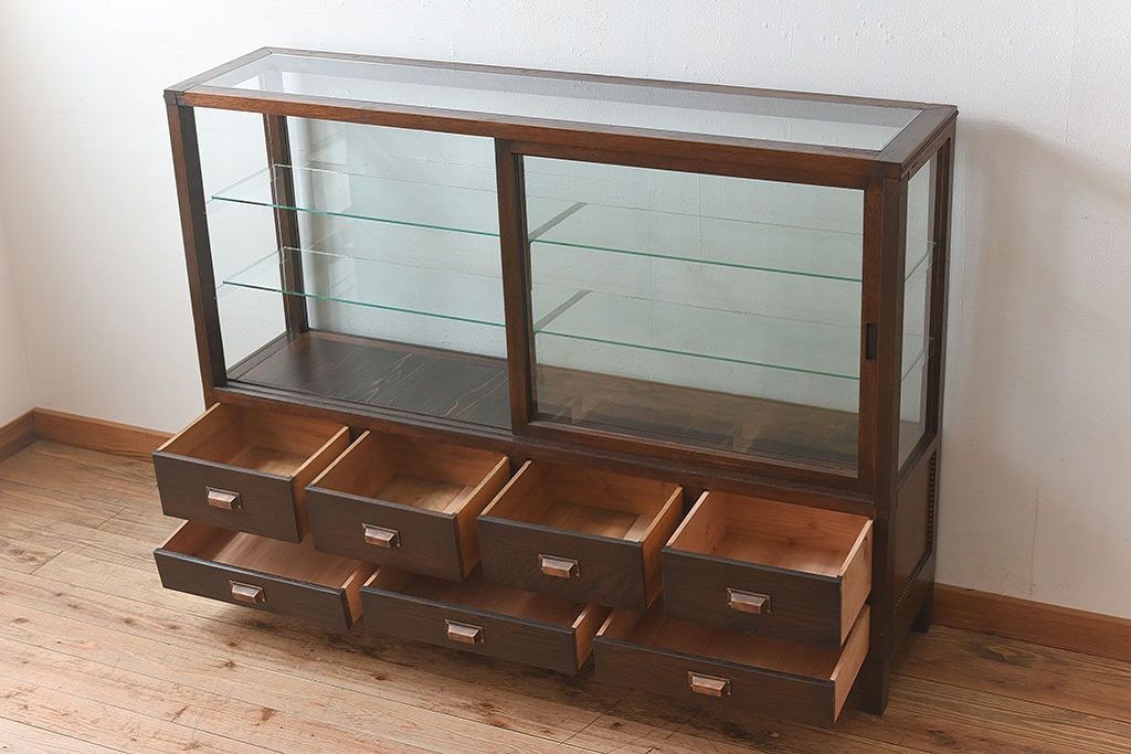 アンティーク家具　大正ロマン 引き出し付き!薄型 和製アンティークガラスケース
