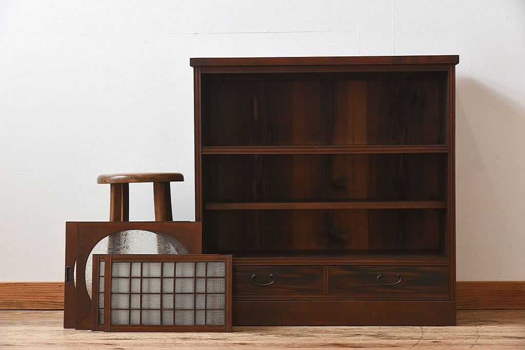 アンティーク家具　 和製アンティーク 丸窓　チェッカーガラス引き戸の収納棚