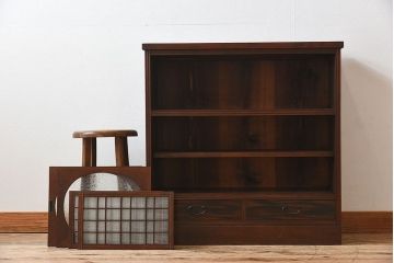 アンティーク家具　 和製アンティーク 丸窓　チェッカーガラス引き戸の収納棚