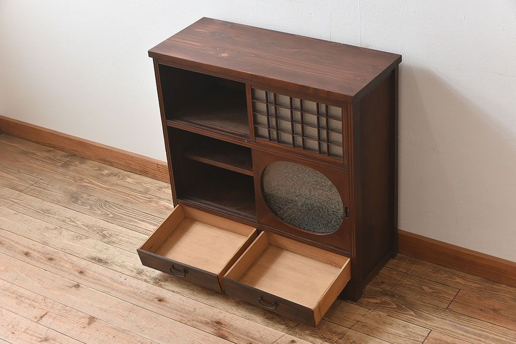 アンティーク家具　 和製アンティーク 丸窓　チェッカーガラス引き戸の収納棚
