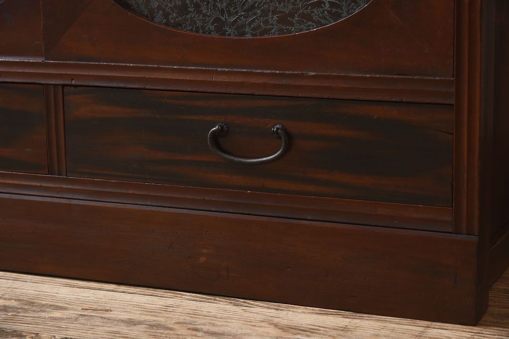 アンティーク家具　 和製アンティーク 丸窓　チェッカーガラス引き戸の収納棚