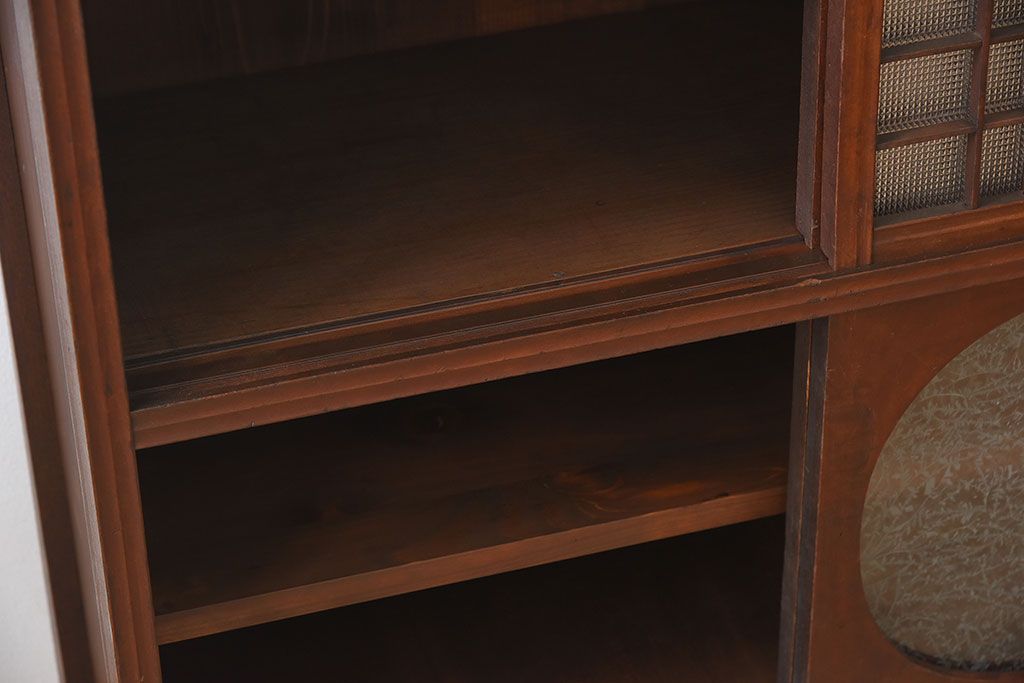 アンティーク家具　 和製アンティーク 丸窓　チェッカーガラス引き戸の収納棚