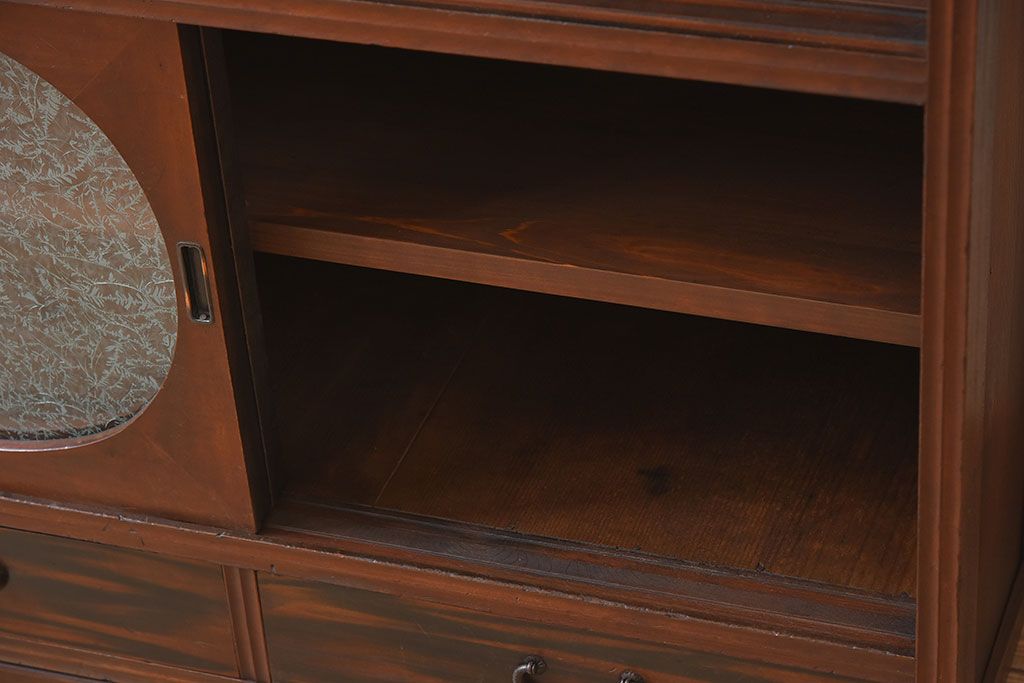 アンティーク家具　 和製アンティーク 丸窓　チェッカーガラス引き戸の収納棚