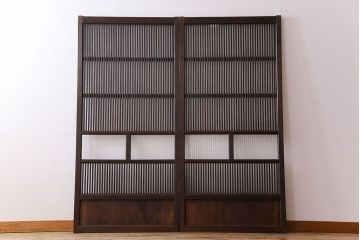 アンティーク　裏すりガラス入り　チェッカーガラス帯の格子戸2枚セット