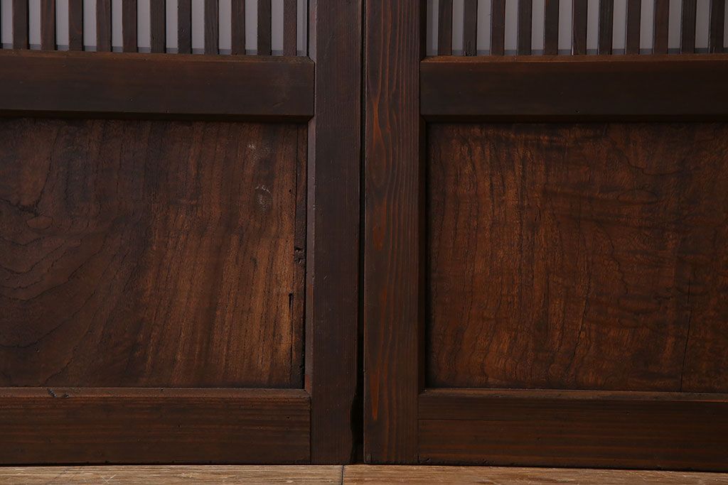 アンティーク　裏すりガラス入り　チェッカーガラス帯の格子戸2枚セット