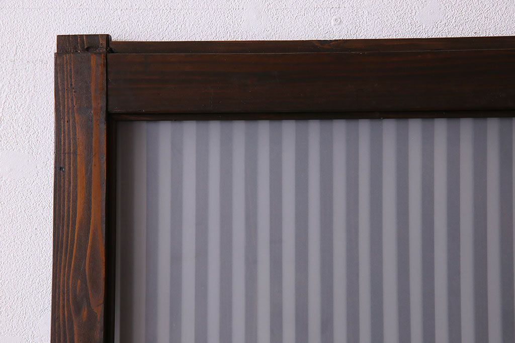 アンティーク　裏すりガラス入り　チェッカーガラス帯の格子戸2枚セット