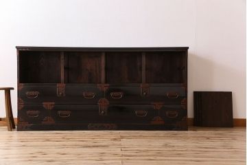 アンティーク家具　古民具・骨董　明治期　六尺　台輪付き!結霜ガラス引き戸の大川箪笥サイドボード(水屋箪笥)