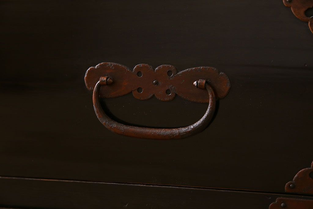 アンティーク家具　古民具・骨董　明治期　六尺　台輪付き!結霜ガラス引き戸の大川箪笥サイドボード(水屋箪笥)