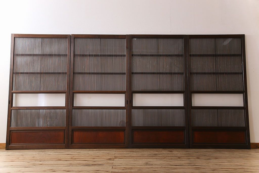 アンティーク　裏ガラス入り　モールガラス帯の格子戸4枚セット