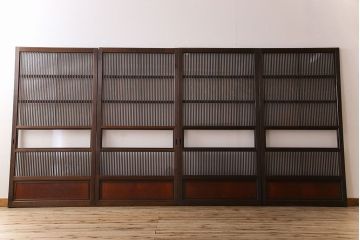 アンティーク　裏ガラス入り　モールガラス帯の格子戸4枚セット