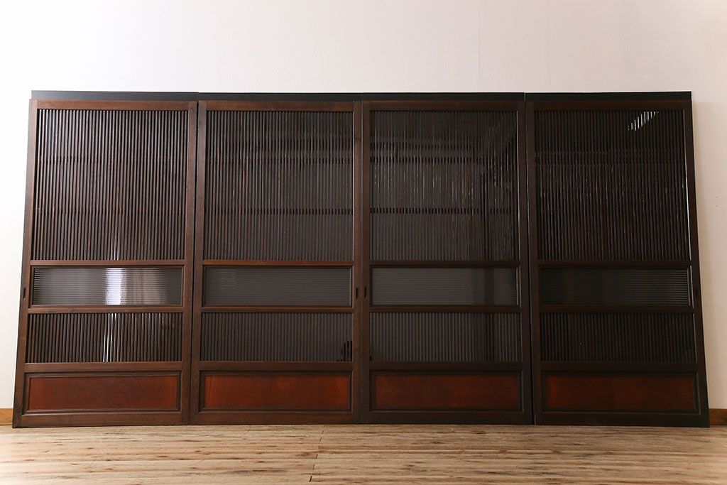 アンティーク　裏ガラス入り　モールガラス帯の格子戸4枚セット