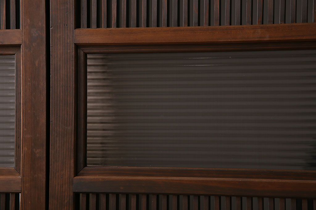 アンティーク　裏ガラス入り　モールガラス帯の格子戸4枚セット