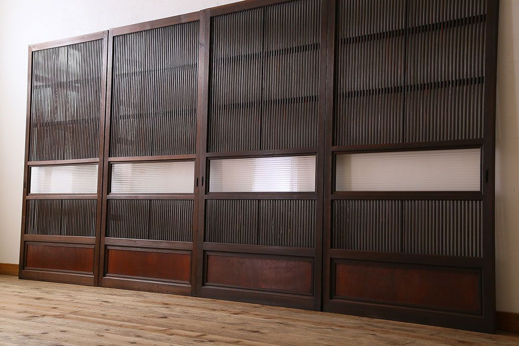 アンティーク　裏ガラス入り　モールガラス帯の格子戸4枚セット