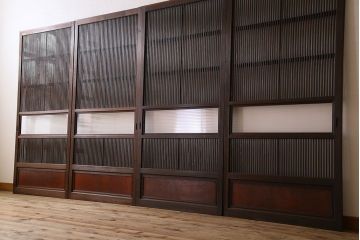 アンティーク　裏ガラス入り　モールガラス帯の格子戸4枚セット