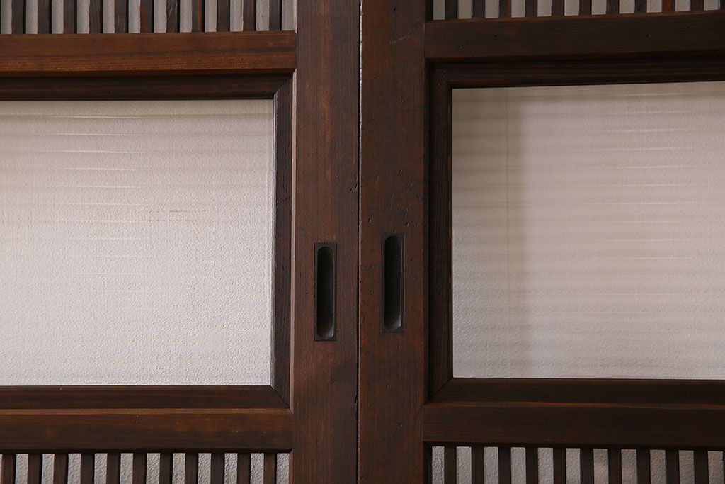 アンティーク　裏ガラス入り　モールガラス帯の格子戸4枚セット