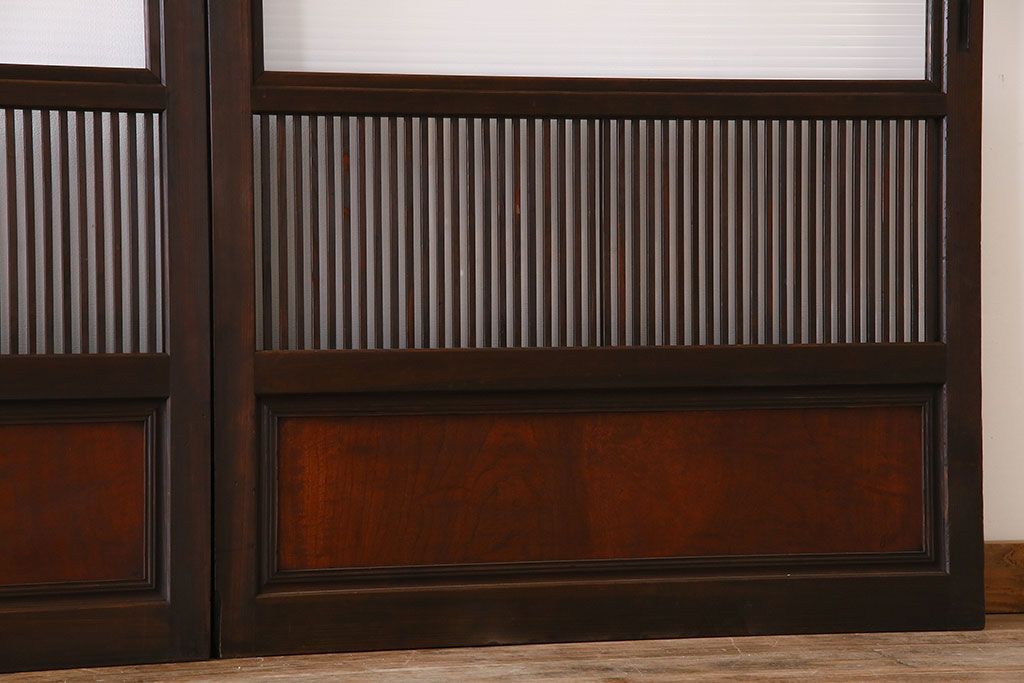 アンティーク　裏ガラス入り　モールガラス帯の格子戸4枚セット