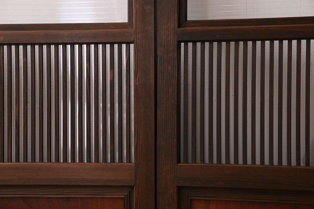 アンティーク　裏ガラス入り　モールガラス帯の格子戸4枚セット