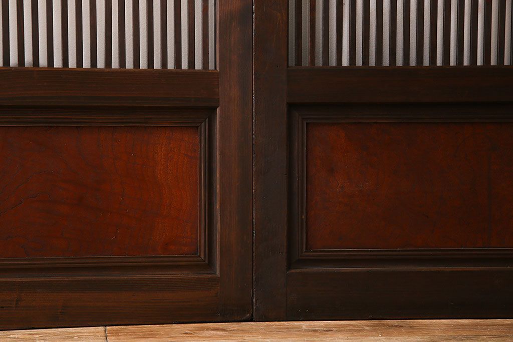 アンティーク　裏ガラス入り　モールガラス帯の格子戸4枚セット