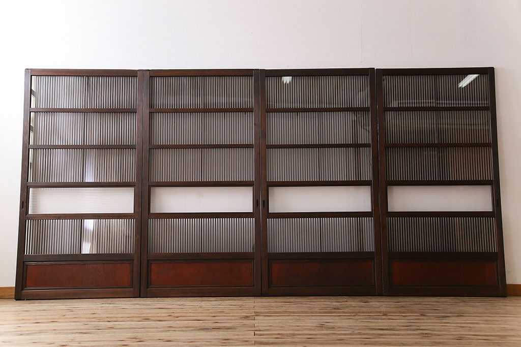 アンティーク　裏ガラス入り　モールガラス帯の格子戸4枚セット