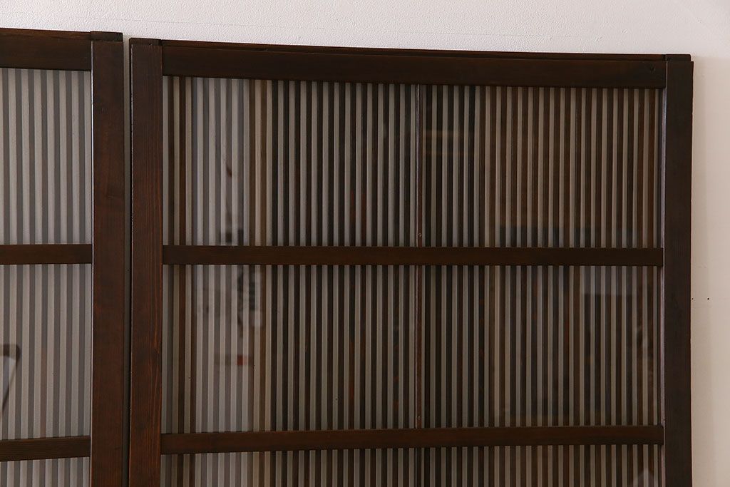 アンティーク　裏ガラス入り　モールガラス帯の格子戸4枚セット