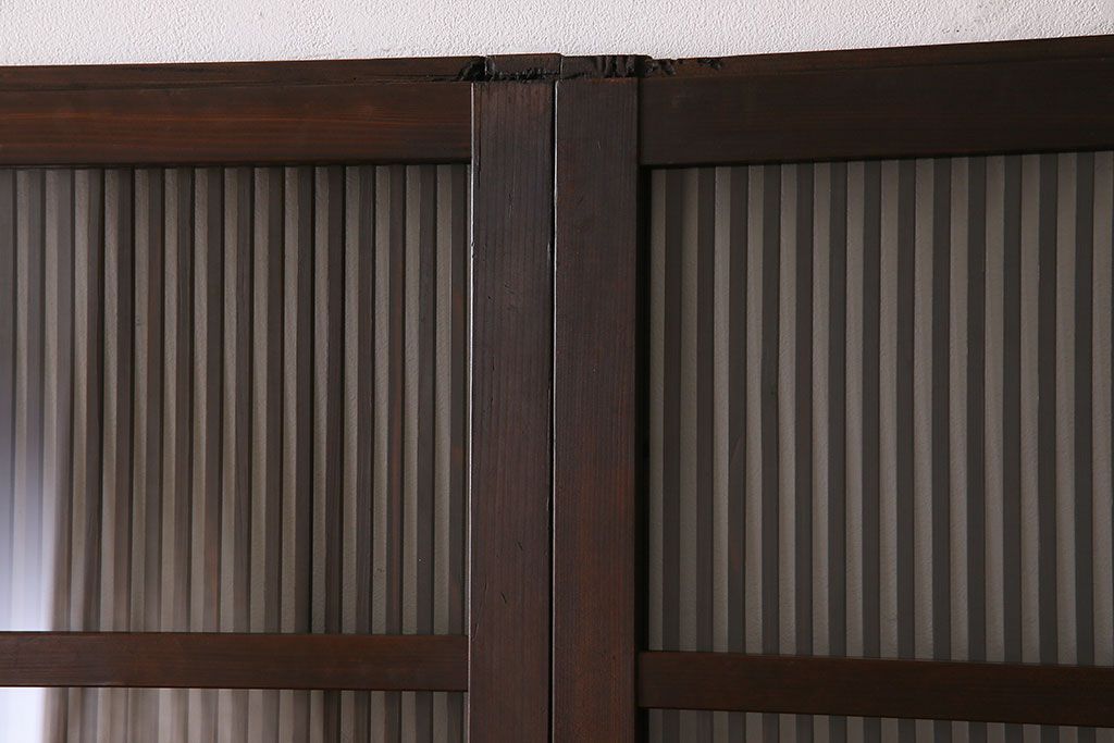 アンティーク　裏ガラス入り　モールガラス帯の格子戸4枚セット