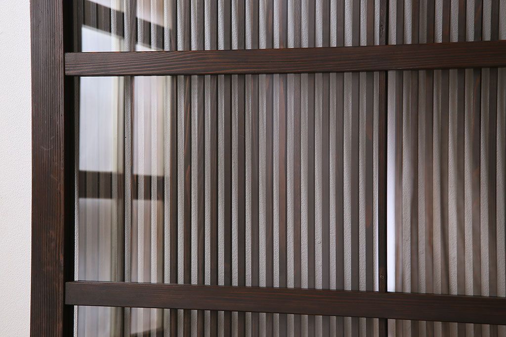 アンティーク　裏ガラス入り　モールガラス帯の格子戸4枚セット