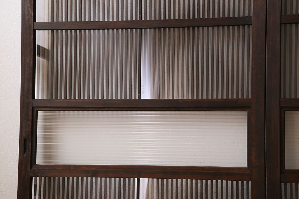 アンティーク　裏ガラス入り　モールガラス帯の格子戸4枚セット