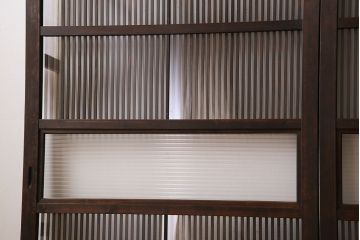 アンティーク　裏ガラス入り　モールガラス帯の格子戸4枚セット