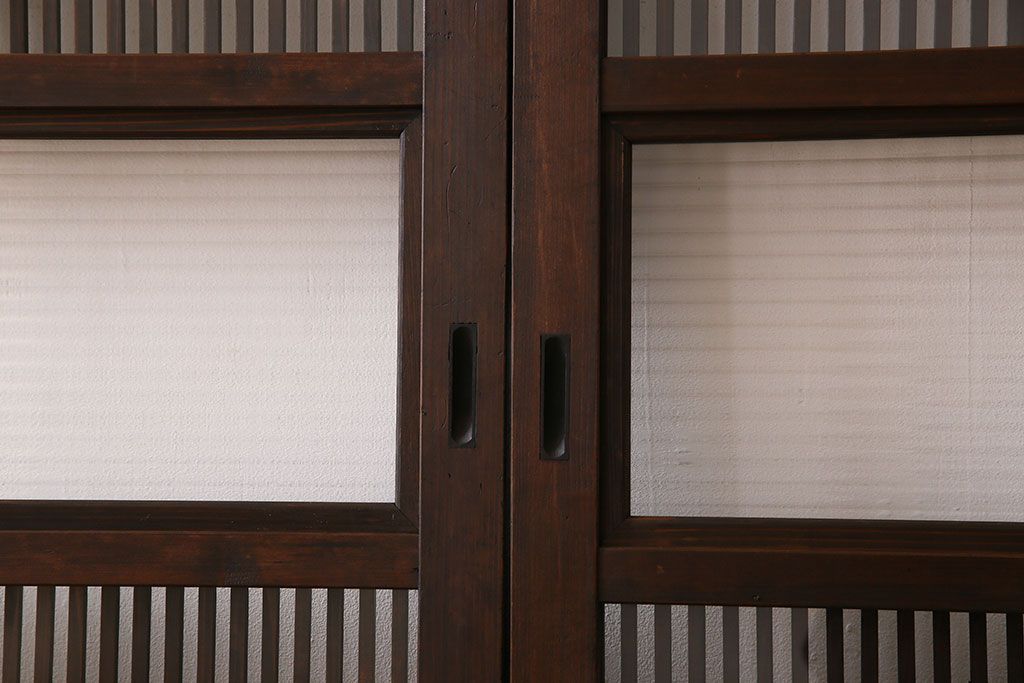 アンティーク　裏ガラス入り　モールガラス帯の格子戸4枚セット