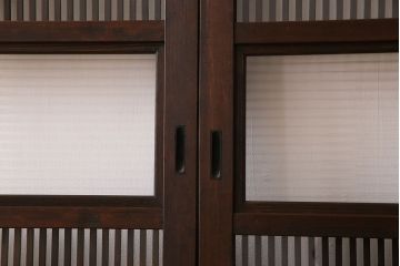 アンティーク　裏ガラス入り　モールガラス帯の格子戸4枚セット