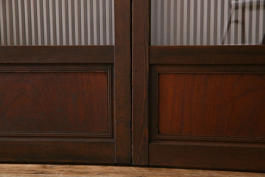 アンティーク　裏ガラス入り　モールガラス帯の格子戸4枚セット