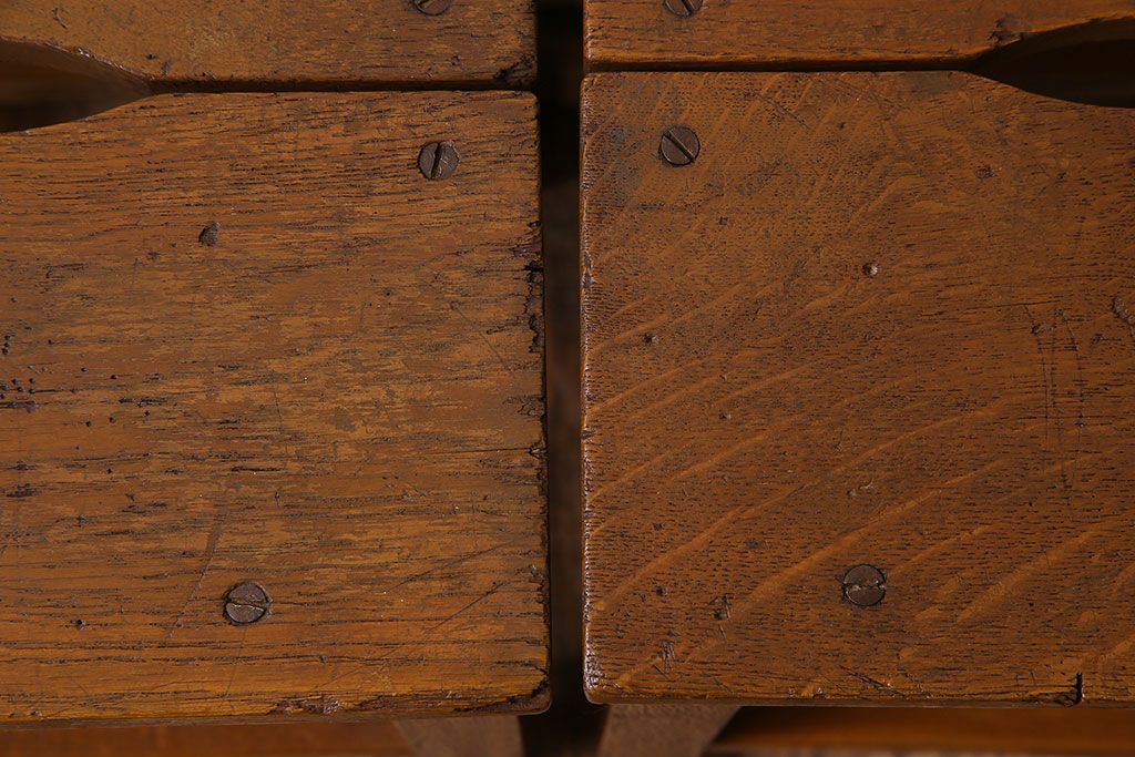 アンティーク雑貨　ナラ材　昭和レトロ　学校のシンプルな角スツール2脚セット(2)