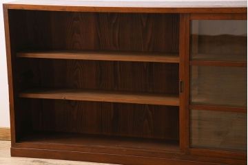 アンティーク家具　和製アンティーク　タモ材使用! ガラス引き戸の和モダンな横長特大収納棚