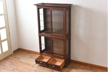 アンティーク家具　古民具・骨董　ナラ材使用! ゆらゆらガラスのアンティーク2段重ねガラスケース(ショーケース、収納棚、陳列棚)