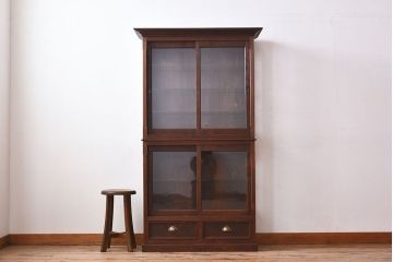 アンティーク家具　古民具・骨董　ナラ材使用! ゆらゆらガラスのアンティーク2段重ねガラスケース(ショーケース、収納棚、陳列棚)