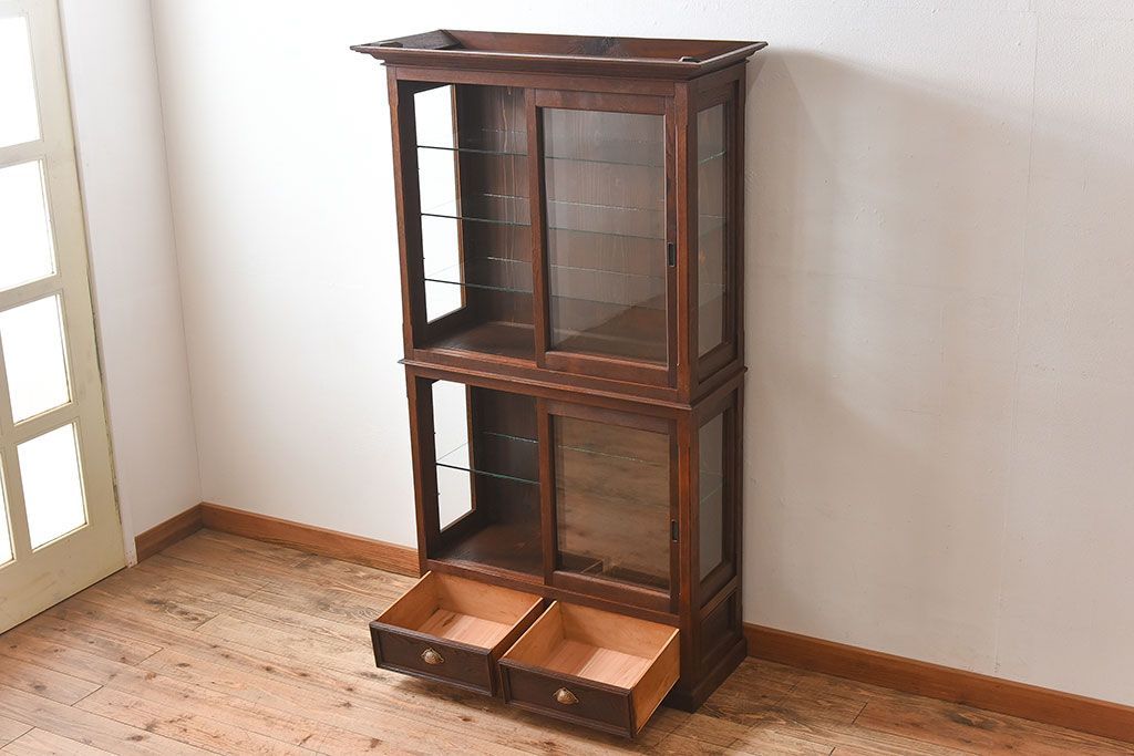 アンティーク家具　古民具・骨董　ナラ材使用! ゆらゆらガラスのアンティーク2段重ねガラスケース(ショーケース、収納棚、陳列棚)
