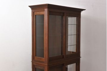 アンティーク家具　古民具・骨董　ナラ材使用! ゆらゆらガラスのアンティーク2段重ねガラスケース(ショーケース、収納棚、陳列棚)