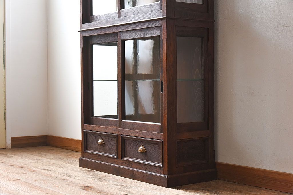 アンティーク家具　古民具・骨董　ナラ材使用! ゆらゆらガラスのアンティーク2段重ねガラスケース(ショーケース、収納棚、陳列棚)