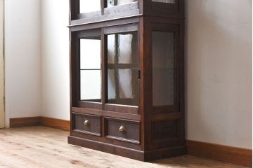 アンティーク家具　古民具・骨董　ナラ材使用! ゆらゆらガラスのアンティーク2段重ねガラスケース(ショーケース、収納棚、陳列棚)