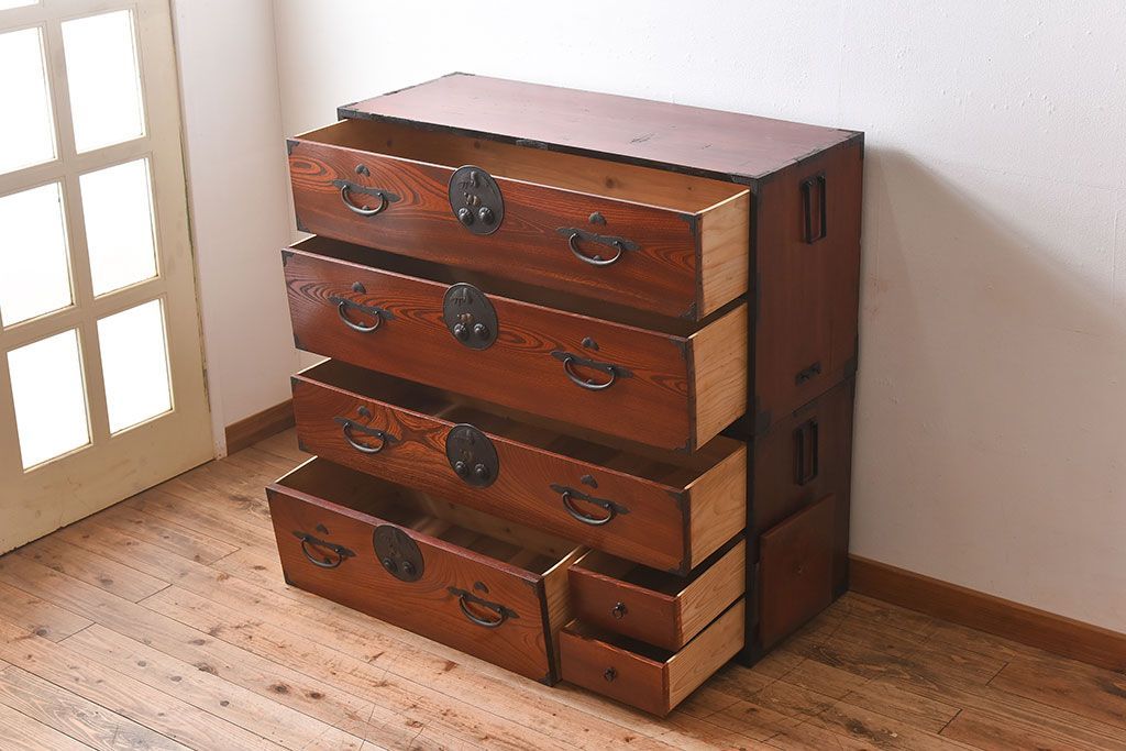 アンティーク家具　和製アンティーク　明治大正期　前面欅材　二本松重ね箪笥(衣装箪笥)