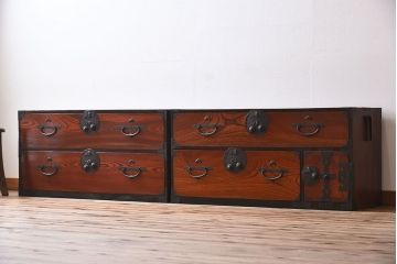 アンティーク家具　和製アンティーク　明治大正期　前面欅材　二本松重ね箪笥(衣装箪笥)