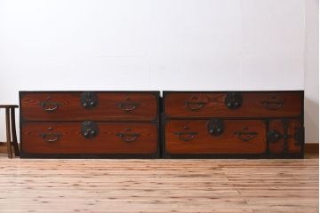 アンティーク家具　和製アンティーク　明治大正期　前面欅材　二本松重ね箪笥(衣装箪笥)