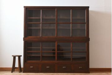 アンティーク家具　和製アンティーク　檜材!ガラス引き戸の和モダンな重ね収納棚