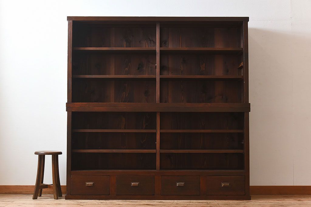 アンティーク家具　和製アンティーク　檜材!ガラス引き戸の和モダンな重ね収納棚