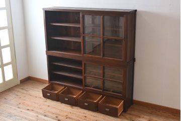 アンティーク家具　和製アンティーク　檜材!ガラス引き戸の和モダンな重ね収納棚