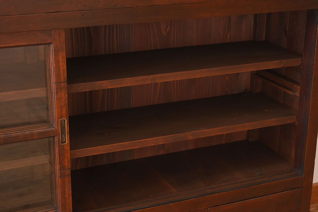 アンティーク家具　和製アンティーク　檜材!ガラス引き戸の和モダンな重ね収納棚