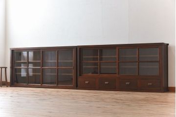 アンティーク家具　和製アンティーク　檜材!ガラス引き戸の和モダンな重ね収納棚